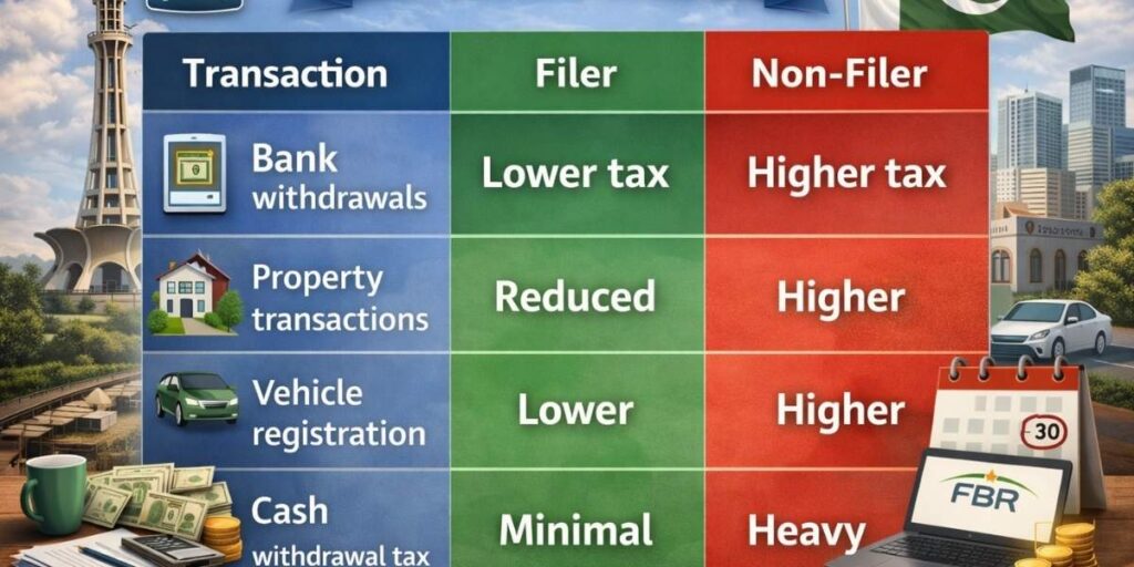 Filer vs Non-Filer tax differences in Pakistan 2025 for bank, property, vehicle, and cash withdrawal transactions