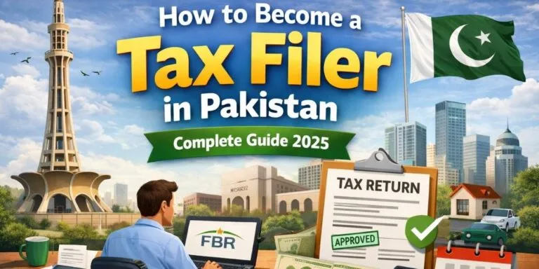 How to become a tax filer in Pakistan 2025 – person using FBR IRIS portal with tax forms and Pakistani currency.