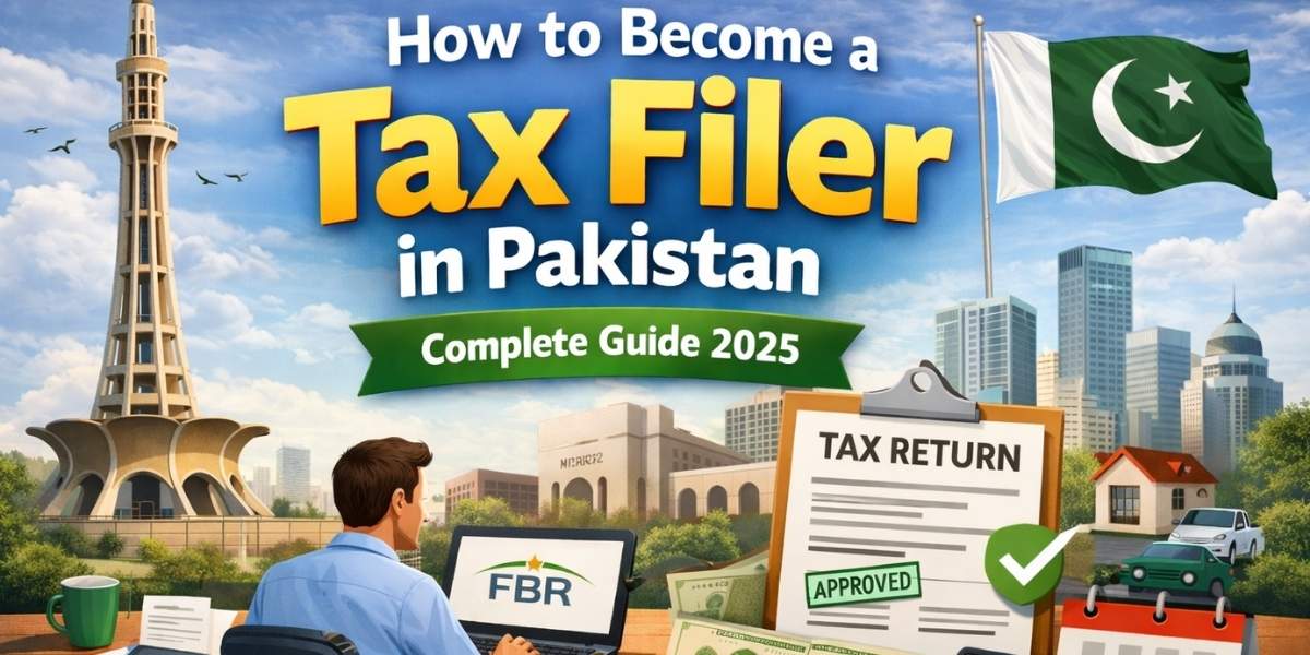 How to become a tax filer in Pakistan 2025 – person using FBR IRIS portal with tax forms and Pakistani currency.