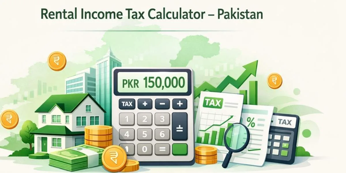 Rental income tax calculator Pakistan showing property, calculator and tax documents