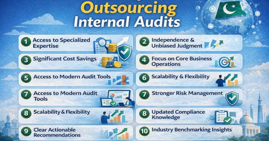 Advantages of outsourcing internal audit banner image highlighting expertise, cost savings, risk management, compliance and business growth benefits