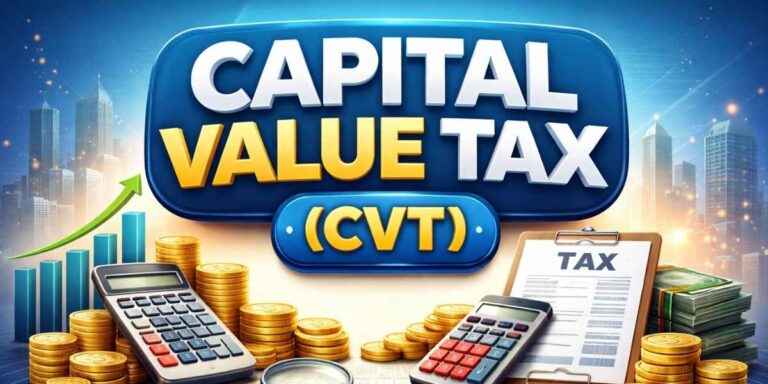 Capital Value Tax (CVT) featured image with calculator, tax document and financial growth chart illustration