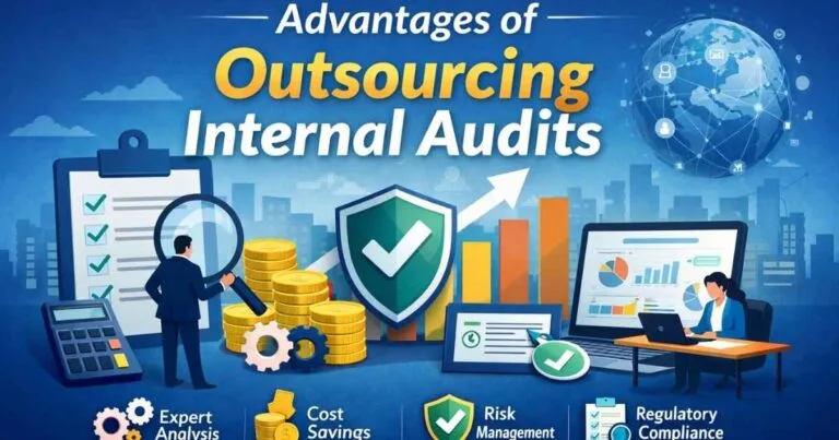 Advantages of outsourcing internal audits illustration showing cost savings, risk management, regulatory compliance and expert financial analysis