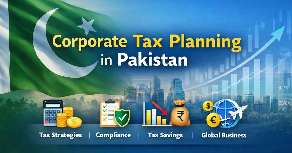 "Corporate Tax Planning in Pakistan featuring tax strategies, compliance, savings, and global business icons